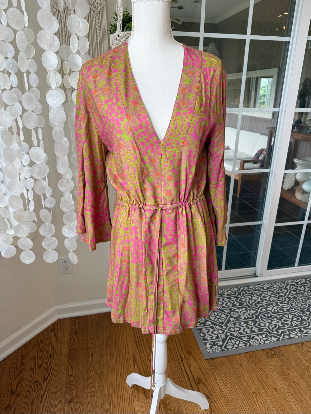 Maaji Pink and Lime Floral V-Neck Drawstring Dress